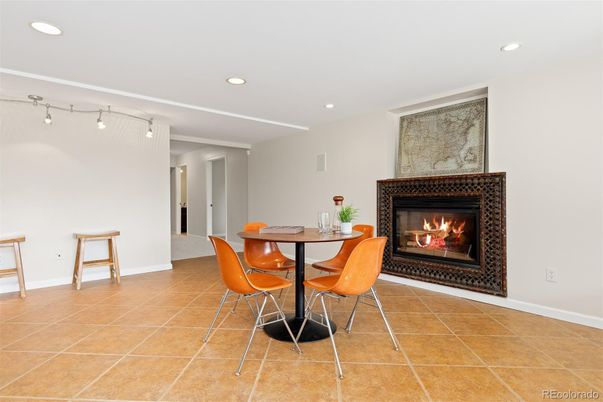 Dining room, Fireplace, Interior, Recessed Lighting