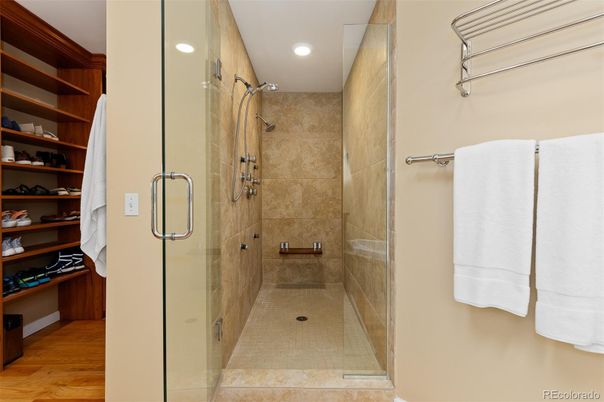 Bathroom, Glass Shower, Interior, Recessed Lighting, Wood Texture Flooring
