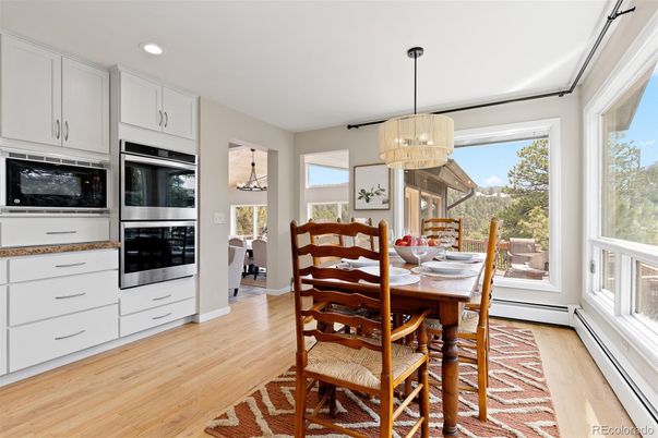 Dining room, Interior, Kitchen, Pendant Lights, Recessed Lighting, Wood Texture Flooring