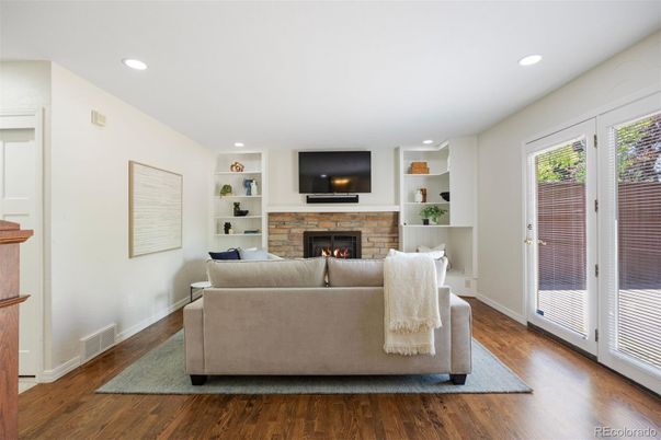 Fireplace, Interior, Living room, Recessed Lighting, Wood Texture Flooring