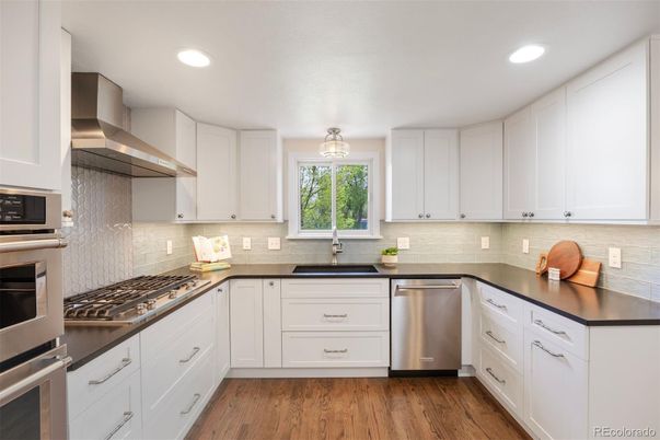 Interior, Kitchen, Recessed Lighting, Stainless Steel Appliances, Wood Texture Flooring