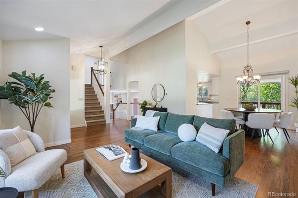 Chandelier, Dining room, Interior, Living room, Pendant Lights, Recessed Lighting, Wood Texture Flooring