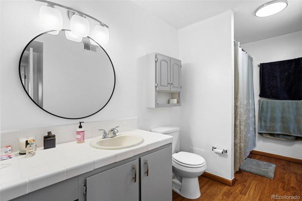 Bathroom, Interior, Tile Countertops, Wood Texture Flooring
