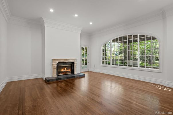 Empty room, Fireplace, Interior, Recessed Lighting, Wood Texture Flooring