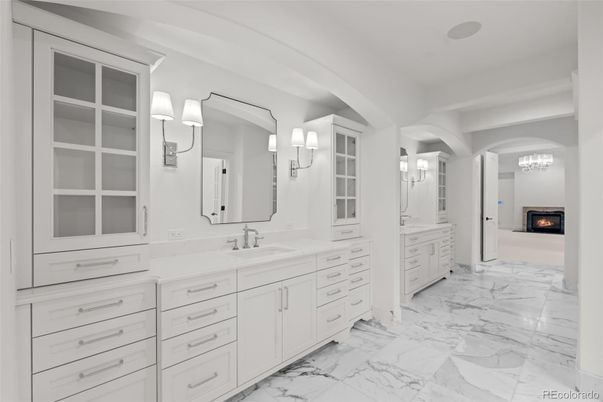 Bathroom, Dual Sink Vanities, Fireplace, Interior, Marble