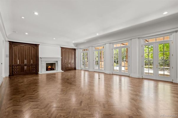 Empty room, Fireplace, Interior, Recessed Lighting, Wood Texture Flooring