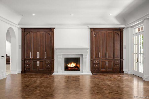 Empty room, Fireplace, Interior, Recessed Lighting, Wood Texture Flooring