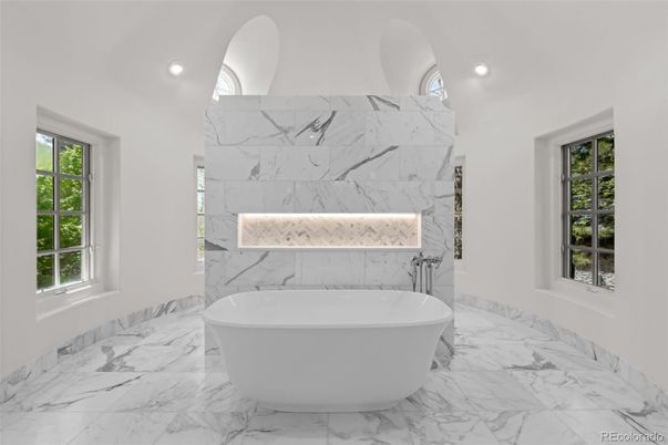Bathroom, Free Standing Baths, Interior, Marble, Marble Walls, Recessed Lighting