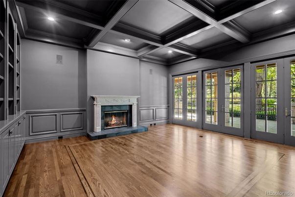 Empty room, Fireplace, Interior, Recessed Lighting, Wood Texture Flooring