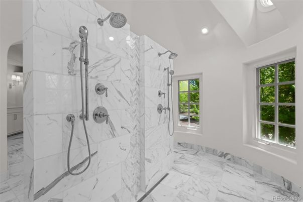 Bathroom, Glass Shower, Interior, Marble, Marble Walls, Recessed Lighting
