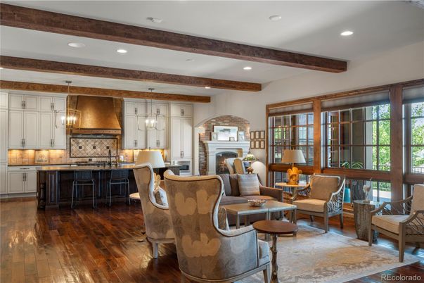 Fireplace, Interior, Kitchen, Living room, Pendant Lights, Recessed Lighting, Wooden Beams, Wood Texture Flooring