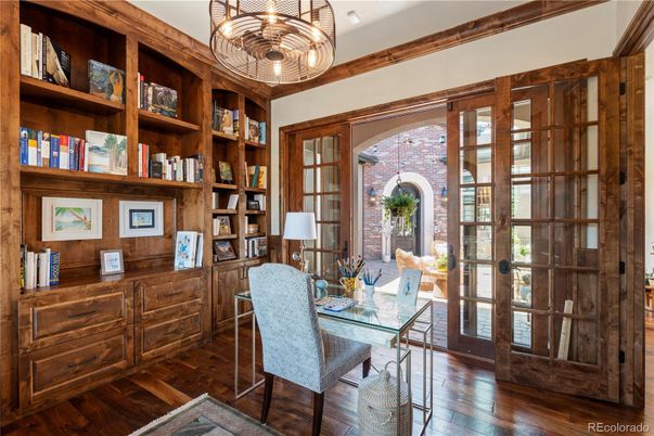 Chandelier, Home Office, Interior, Pendant Lights, Stone Walls, Wood Texture Flooring