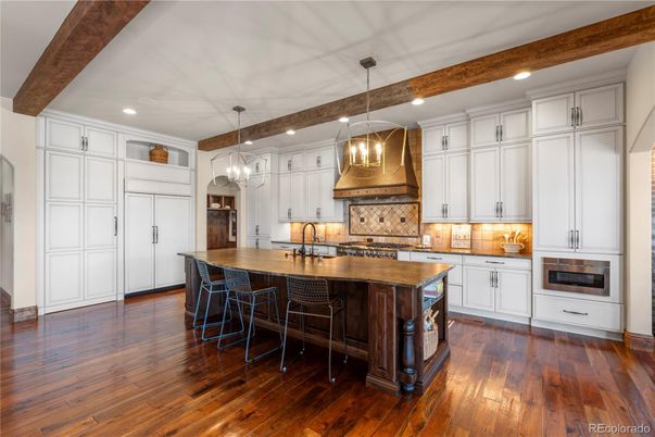 Interior, Kitchen, Pendant Lights, Recessed Lighting, Stainless Steel Appliances, Wooden Beams, Wood Texture Flooring