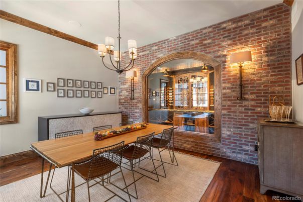 Dining room, Interior, Pendant Lights, Stone Walls, Wood Texture Flooring