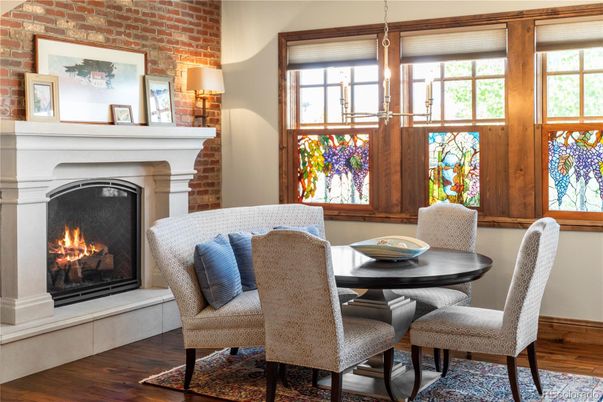 Dining room, Fireplace, Interior, Stone Walls, Wood Texture Flooring