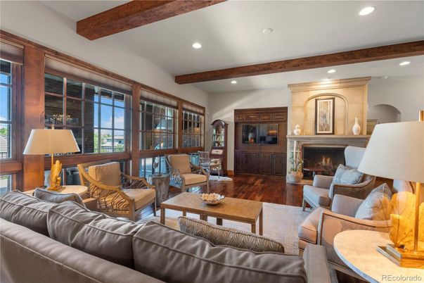 Fireplace, Interior, Living room, Recessed Lighting, Wooden Beams, Wood Texture Flooring