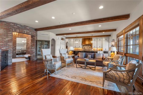 Interior, Kitchen, Living room, Recessed Lighting, Stone Walls, Wooden Beams, Wood Texture Flooring