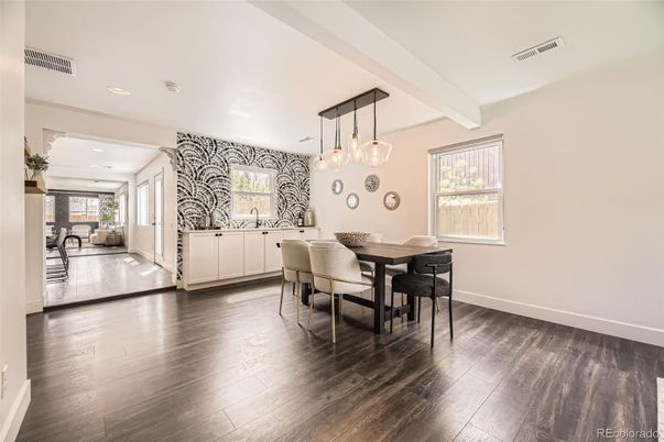 Dining room, Interior, Pendant Lights, Recessed Lighting, Wood Texture Flooring