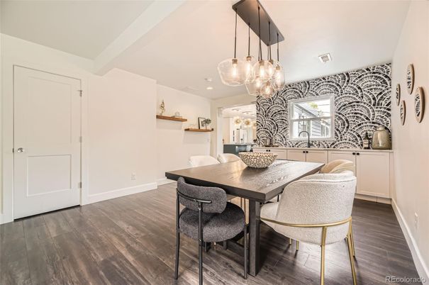 Dining room, Interior, Pendant Lights, Recessed Lighting, Wood Texture Flooring