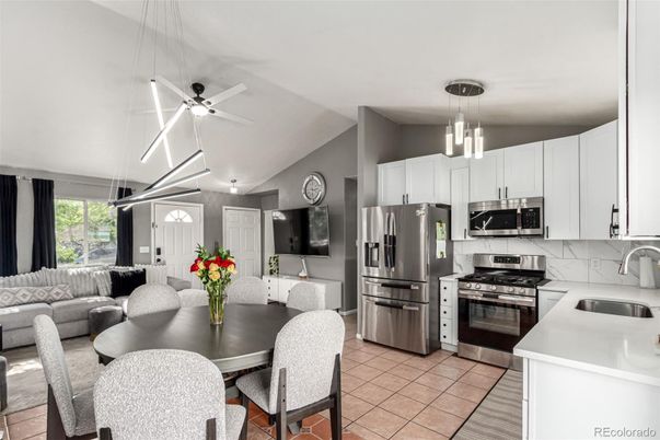 Dining room, Interior, Kitchen, Living room, Pendant Lights, Stainless Steel Appliances