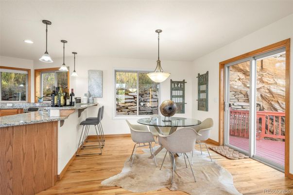 Dining room, Interior, Pendant Lights, Recessed Lighting, Wood Texture Flooring