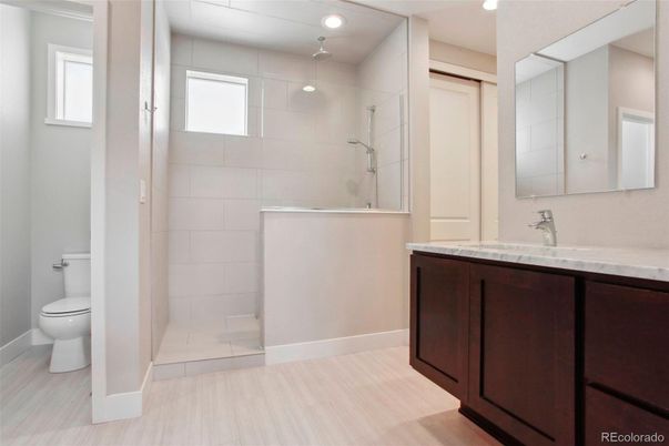 Bathroom, Glass Shower, Interior, Recessed Lighting, Wood Texture Flooring