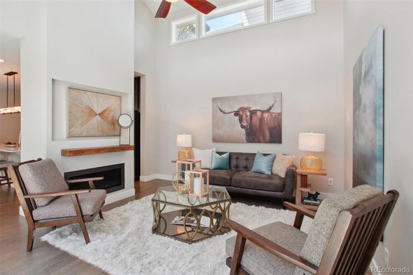 Fireplace, Interior, Living room, Pendant Lights, Wood Texture Flooring