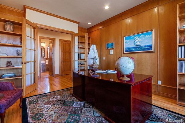 Home Office, Interior, Recessed Lighting, Wood Texture Flooring, Wooden Walls