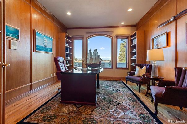 Home Office, Interior, Recessed Lighting, Wood Texture Flooring, Wooden Walls