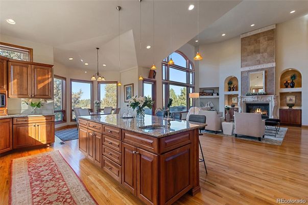 Dining room, Fireplace, Interior, Kitchen, Living room, Pendant Lights, Recessed Lighting, Stone Walls, Wood Texture Flooring