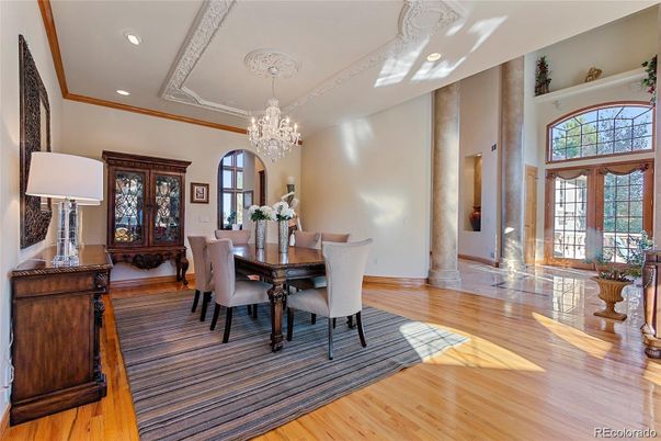 Chandelier, Dining room, Interior, Recessed Lighting, Wood Texture Flooring