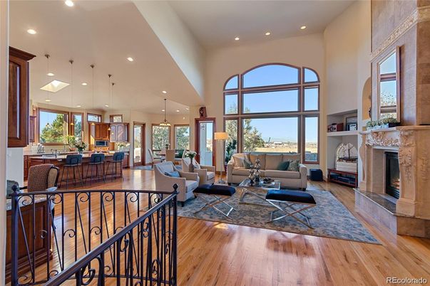 Dining room, Fireplace, Interior, Kitchen, Living room, Pendant Lights, Recessed Lighting, Wood Texture Flooring