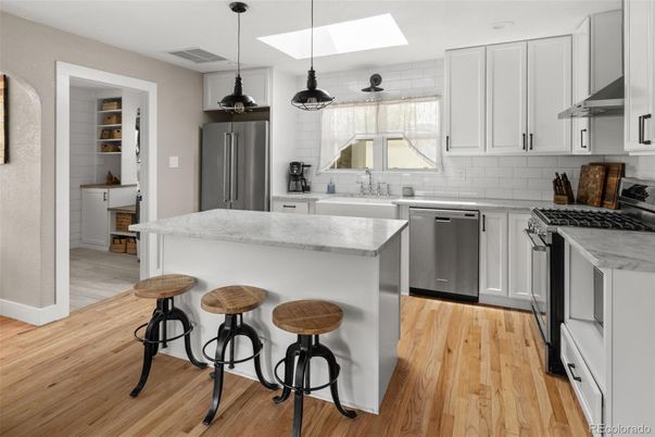 Interior, Kitchen, Pendant Lights, Stainless Steel Appliances, Wood Texture Flooring