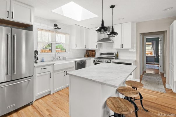 Interior, Kitchen, Pendant Lights, Recessed Lighting, Stainless Steel Appliances, Wood Texture Flooring