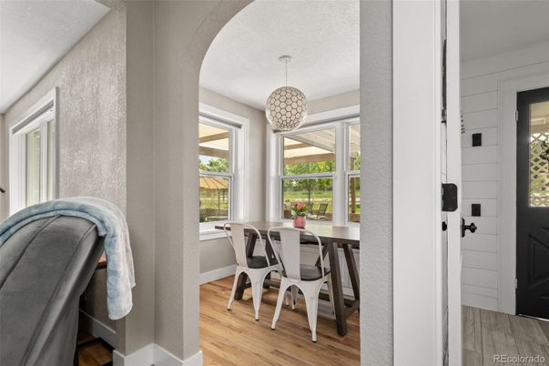 Dining room, Interior, Pendant Lights, Wood Texture Flooring