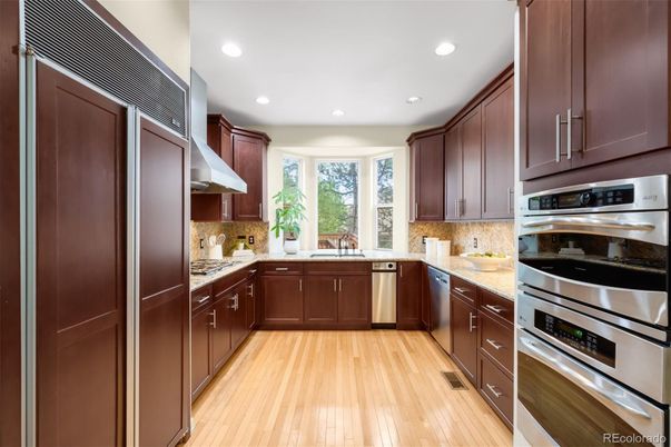 Interior, Kitchen, Recessed Lighting, Stainless Steel Appliances, Wood Texture Flooring