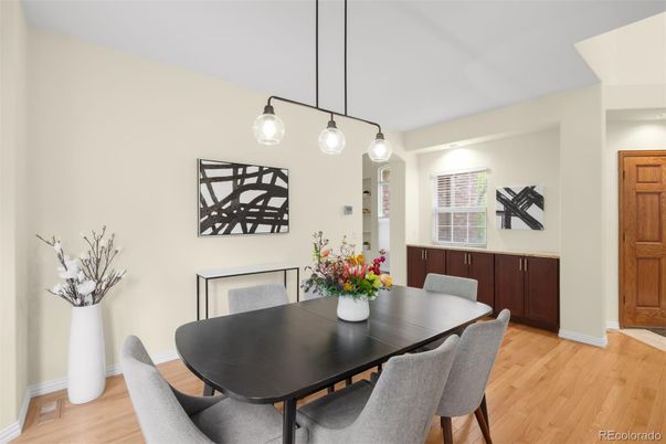Dining room, Interior, Pendant Lights, Wood Texture Flooring
