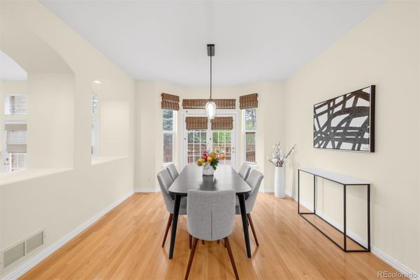 Dining room, Interior, Pendant Lights, Wood Texture Flooring