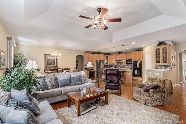 Chandelier, Dining room, Interior, Kitchen, Living room, Recessed Lighting, Stainless Steel Appliances, Wood Texture Flooring
