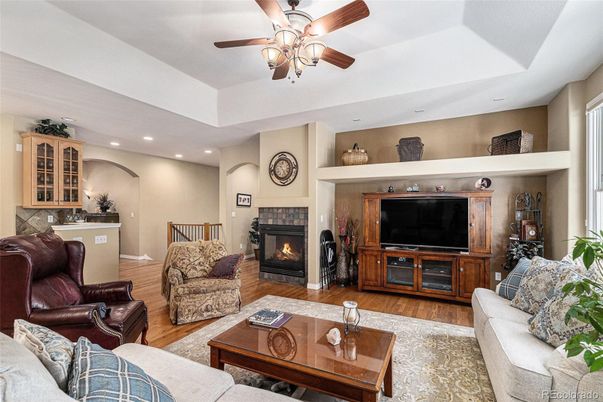 Fireplace, Interior, Living room, Recessed Lighting, Wood Texture Flooring