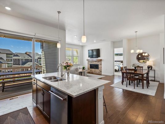 Dining room, Fireplace, Interior, Kitchen, Pendant Lights, Recessed Lighting, Wood Texture Flooring