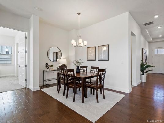 Chandelier, Dining room, Interior, Recessed Lighting, Wood Texture Flooring