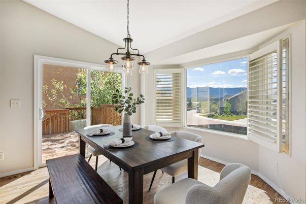 Dining room, Interior, Pendant Lights, Wood Texture Flooring