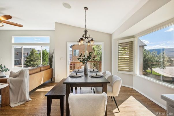 Dining room, Interior, Pendant Lights, Wood Texture Flooring