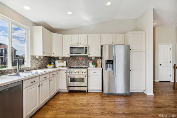 Interior, Kitchen, Recessed Lighting, Stainless Steel Appliances, Wood Texture Flooring