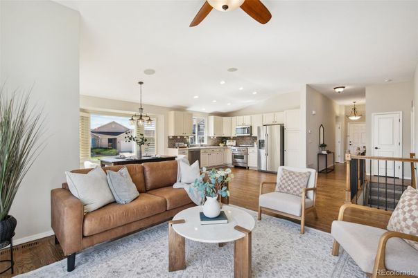 Dining room, Interior, Kitchen, Living room, Pendant Lights, Recessed Lighting, Stainless Steel Appliances, Wood Texture Flooring