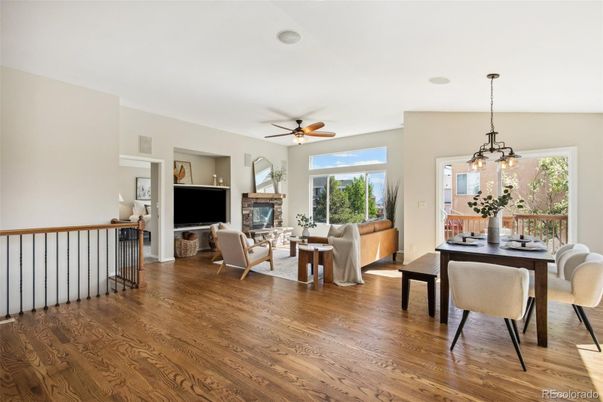 Dining room, Fireplace, Interior, Living room, Pendant Lights, Wood Texture Flooring