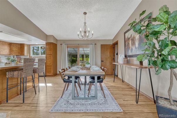 Chandelier, Dining room, Interior, Wood Texture Flooring