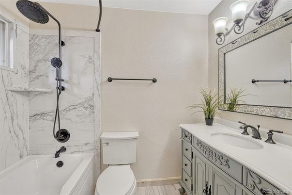 Bathroom, Interior, Marble Walls, Wood Texture Flooring