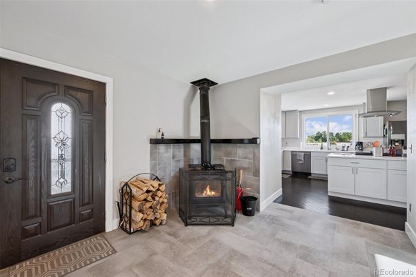 Fireplace, Interior, Kitchen, Recessed Lighting, Wood Texture Flooring